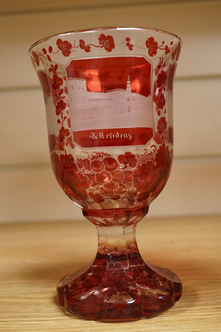 Three Bohemian topographical engraved ruby flashed spa glasses, late 19th century, largest 16cm high